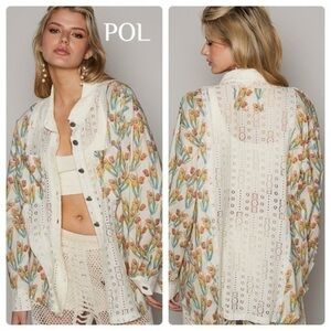 NWOT POL Floral Lace Blouse Top With Tulips Size Large